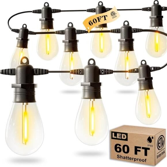 60FT LED Outdoor String Lights with 16+1 Edison Shatterproof IP65 Waterproof - Picture 1 of 7